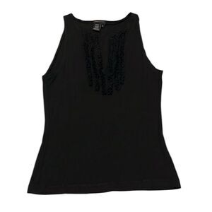 BCBGMaxAzria size medium black sleeveless top ruffles around a V neck GUC
